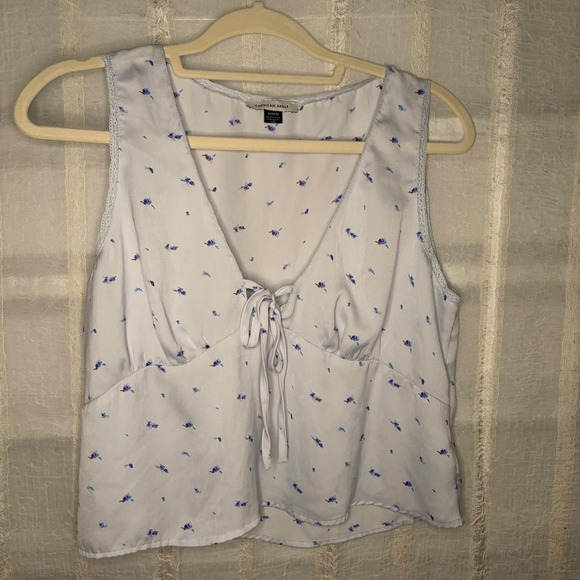 American Eagle Outfitters Tops - American Eagle Floral Tie Front Top Womens Medium Blue Excellent Lace Trim